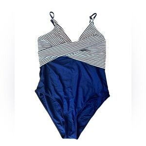 XL shein navy blue white stripe one piece swimsuit cross cross v neck